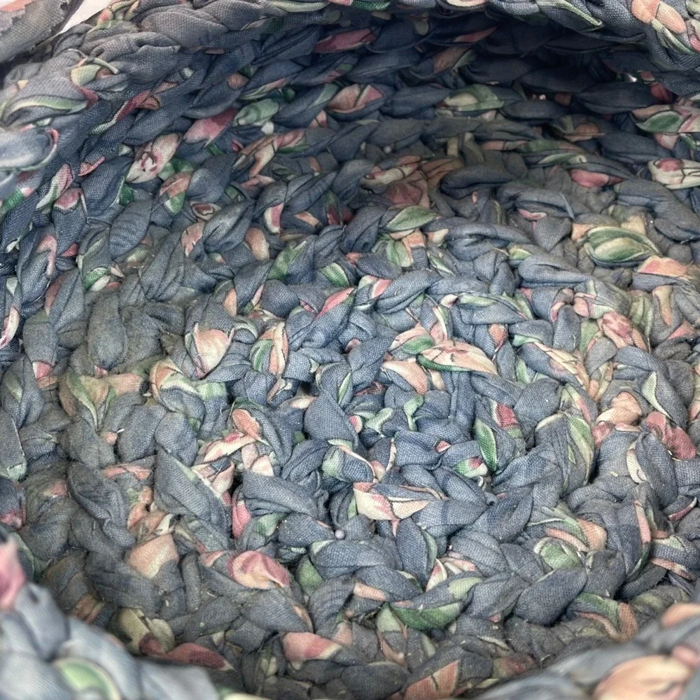 Vintage Rag Weave Basket Blue Mauve Floral Braided Fabric Round Cottagecore 10in